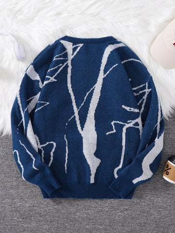 New Popular Autumn and Winter Abstract Crack Graffiti Jacquard Pattern Pullover Sweater Casual Round Neck Knitted Men's Pullover